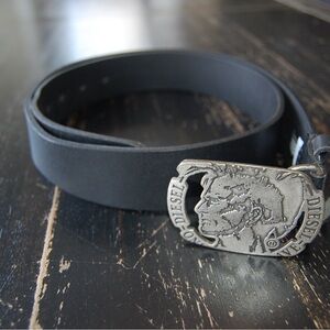 Diesel Black Leather Belt with Metal Buckle
